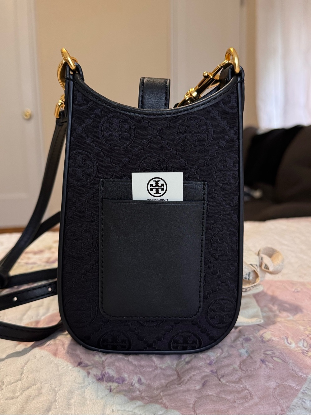 Tory Burch T Monogram Leather Phone Crossbody In Black - Picture 3 of 8